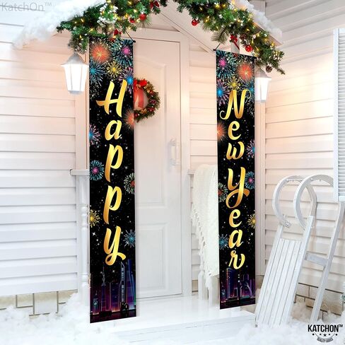KatchOn XtraLarge 2026 Happy New Year Banner – 72x12 Inch | Black and Gold Happy New Year Door Banner for New Years Decorations 2026 | Porch Banner for New Years Eve Party Supplies 2026 | NYE Decor in Saudi Arabia