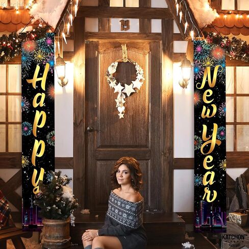 KatchOn XtraLarge 2026 Happy New Year Banner – 72x12 Inch | Black and Gold Happy New Year Door Banner for New Years Decorations 2026 | Porch Banner for New Years Eve Party Supplies 2026 | NYE Decor in Saudi Arabia