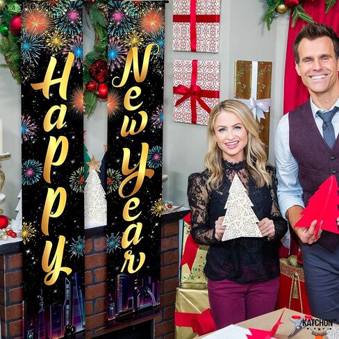 KatchOn XtraLarge 2026 Happy New Year Banner – 72x12 Inch | Black and Gold Happy New Year Door Banner for New Years Decorations 2026 | Porch Banner for New Years Eve Party Supplies 2026 | NYE Decor in Saudi Arabia