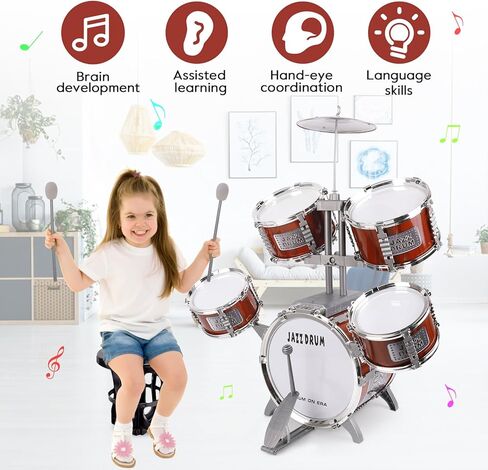 مجموعة طبول للأطفال الصغار من عمر 3 إلى 5 سنوات، مجموعة طبول الجاز مع طبلة باس، 5 طبول لعبة موسيقية لهدايا الأولاد والبنات بعمر 3 4 5 6 سنوات in Kuwait