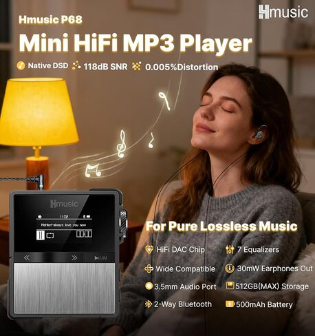 مشغل موسيقى P68 HiFi MP3 مع مشبك، مشغل موسيقى عالي الدقة DSD بدون فقدان، مشغل صوت محمول عالي الدقة مع بطاقة ذاكرة 16 جيجابايت، يدعم حتى 128 جيجابايت مشغل موسيقى HiFi للرياضة والجري in Saudi Arabia