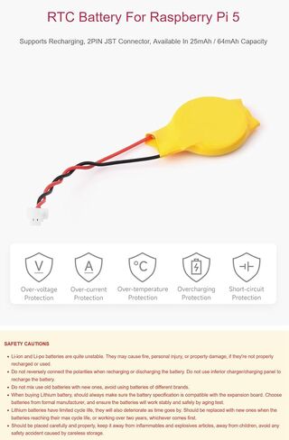 بطارية RTC لجهاز Raspberry Pi 5، تدعم إعادة الشحن، خيارات لسعة البطارية 64 مللي أمبير في الساعة، موصل JST 2PIN (Pi 5 RTC-Bat-B) in Saudi Arabia