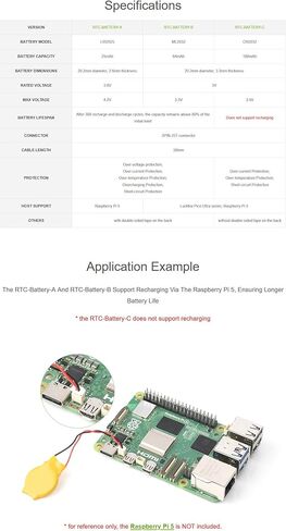 بطارية RTC لجهاز Raspberry Pi 5، تدعم إعادة الشحن، خيارات لسعة البطارية 64 مللي أمبير في الساعة، موصل JST 2PIN (Pi 5 RTC-Bat-B) in Saudi Arabia