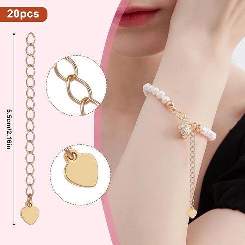 20 قطعة من موسع القلادة الذهبية، موسعات القلادة الذهبية مع سلسلة على شكل قلب، سلاسل ذيل مطلية بالذهب 18 كجم سلسلة ممتدة 55 مم لصنع المجوهرات، موسعات سلاسل ذهبية للقلائد والسوار in Kuwait