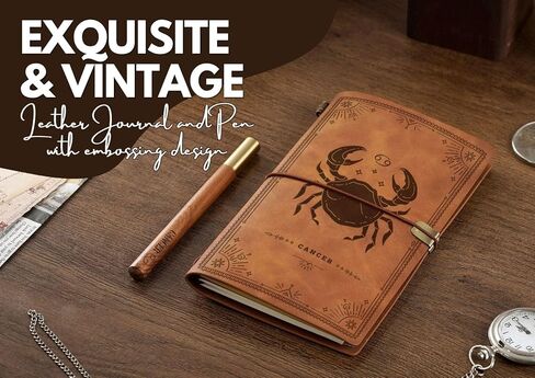 InnoBeta Cancer Zodiac Gifts, Leather Journal Notebook with Pen, Refillable Sketchbook, Travel Diary, Lined Planner, 7x5 Inches, Brown in Saudi Arabia