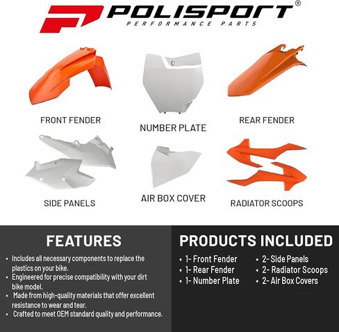 Polisport Motocross (MX) طقم بلاستيكي طبق الأصل لـ KTM SX 85 (2018-24) - جودة OEM، متينة ومرنة ومثالية - برتقالي / أبيض in Saudi Arabia