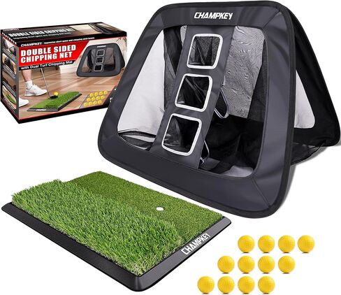 CHAMPKEY Double-Sided Golf Chipping Net with Dual-Turf Mat and 12 Foam Golf Balls - 5 Ply-Knotless Netting Golf Net and Heavy Duty Rubber Backing Hitting Mat Ideal for Training in Kuwait