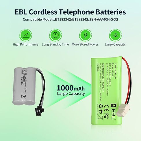 EBL BT183342/BT283342 2.4V 1000mAh Ni-MH Battery, Compatible with AT&T VTech Cordless Phone Batteries BT166342/BT266342 CS6709 CS6609 CS6509 CS6409 EL52100 EL50003 (Pack 2) Green in Saudi Arabia
