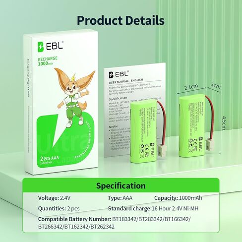 EBL BT183342/BT283342 2.4V 1000mAh Ni-MH Battery, Compatible with AT&T VTech Cordless Phone Batteries BT166342/BT266342 CS6709 CS6609 CS6509 CS6409 EL52100 EL50003 (Pack 2) Green in Saudi Arabia