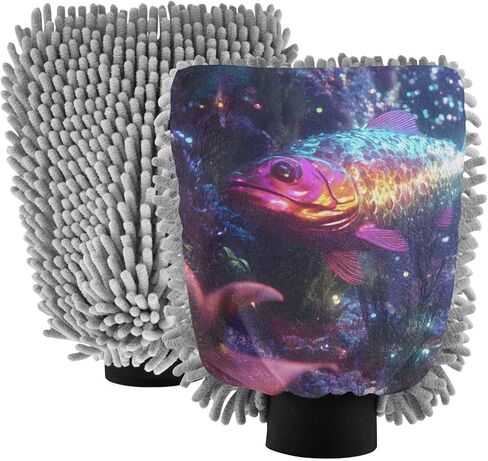 AIXIWAWA Car Wash Mitt Washing Glove Neon Fishes Print Scratch Free Water Absorbent 2 Pack Large in Saudi Arabia