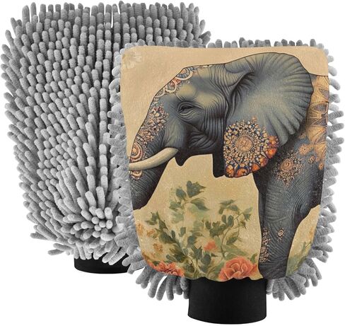 AIXIWAWA Car Wash Mitt Washing Glove Elephant with Pattern Print Scratch Free Water Absorbent 2 Pack Large in Saudi Arabia
