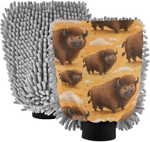 AIXIWAWA Cute Bison Print Car Wash Mitt Washing Glove Scratch Free Water Absorbent 2 Pack Large in Saudi Arabia