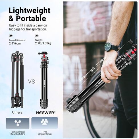 NEEWER Upgraded 80.7" Carbon Fiber Camera Tripod Monopod with Telescopic 2 Section Center Axes, 360° Panorama Ballhead, 1/4" Arca Type QR Plate, Travel Tripod with ø28mm Column, Max Load 26.5lb, N55CR in Kuwait