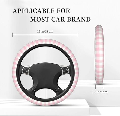 Thickened Elastic Steering Wheel Cover, Girly Pastel Pink Gingham Plaid Ultra, Soft, Breathable, Fit for Cars, SUVs, Trucks, Stylish Comfortable Grip in Saudi Arabia