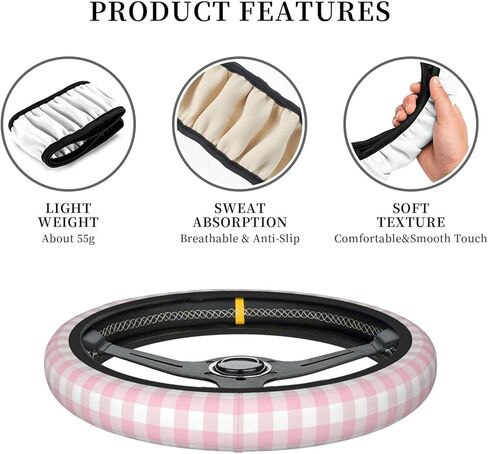 Thickened Elastic Steering Wheel Cover, Girly Pastel Pink Gingham Plaid Ultra, Soft, Breathable, Fit for Cars, SUVs, Trucks, Stylish Comfortable Grip in Saudi Arabia