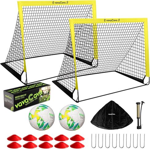 VavaCava 4'x3' Size Portable Soccer Goals Set for Backyard Fun, 2 Nets, 2 Size 3 Balls, 10 Marker Cones, Pump and Carry Bag, Outdoor Games for Backyard, Beach, Lawn, Kids Soccer Training Equipment in Saudi Arabia