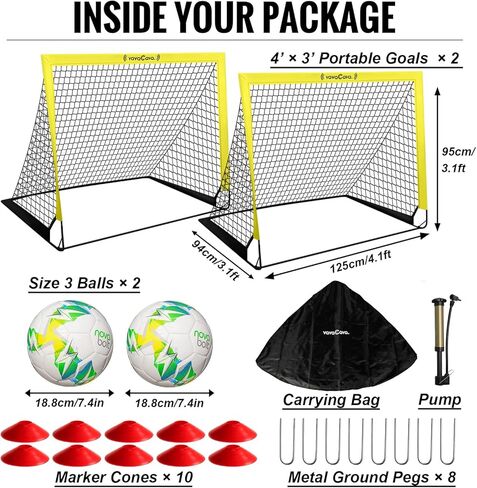 VavaCava 4'x3' Size Portable Soccer Goals Set for Backyard Fun, 2 Nets, 2 Size 3 Balls, 10 Marker Cones, Pump and Carry Bag, Outdoor Games for Backyard, Beach, Lawn, Kids Soccer Training Equipment in Saudi Arabia