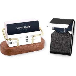 Business card holder,Walnut & PU Leather business card holder suit，Used for desktop business card holder and slim name cards holder,Gift for people with office desk accessories in Kuwait