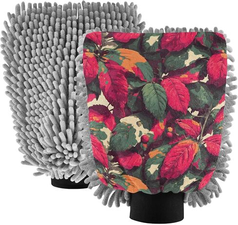 AIXIWAWA Retro Leaf Pattern Print Car Wash Mitt Washing Glove Scratch Free Water Absorbent 2 Pack Large in Saudi Arabia
