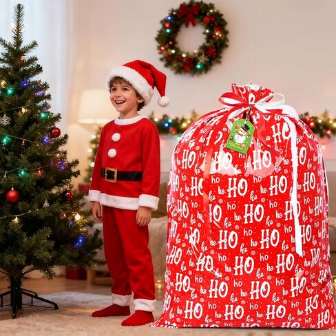 AhfuLife 32pcs Christmas Drawstring Gift Bags with Tags, 5 Assorted Size Xmas Gift Wrapping Bags, Christmas Extra Large Medium Small Gift Bags Bulk for Party Decorations in Saudi Arabia