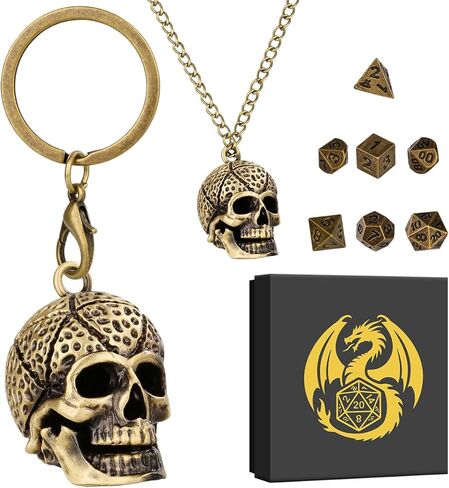 Mini DND Dice Set with Skull Head Metal Cage Portable Keychain Necklace, Tiny 7pcs Polyhedral D&D Dice Set in Saudi Arabia