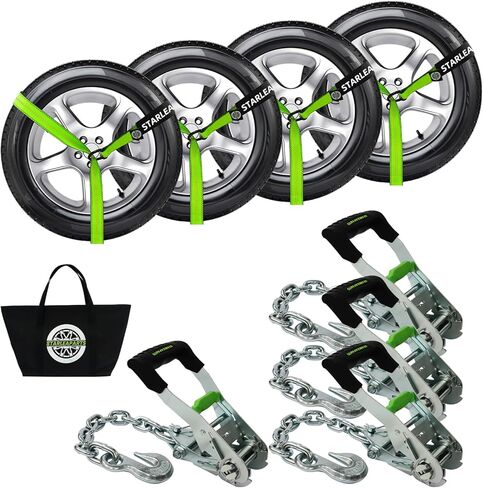 أحزمة عجلات ممتازة (4 قطع) - قوة كسر قصوى مضمونة 10.000 رطل - سقاطة 2 بوصة مع خطاف مرساة سلسلة G70 وحزام لاسو 2 بوصة × 8 قدم، أشرطة ربط مثالية للسيارة للشاحنات والسيارات وUTV (أخضر) in Kuwait