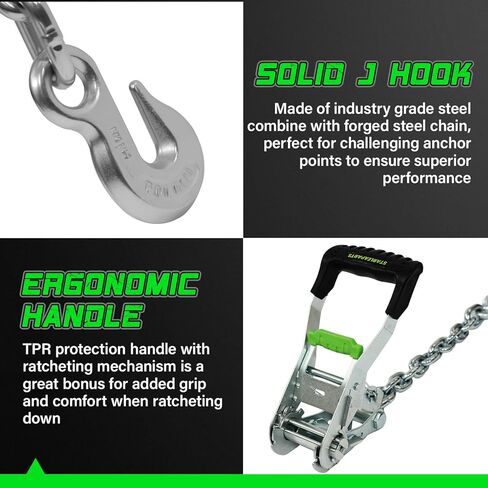 أحزمة عجلات ممتازة (4 قطع) - قوة كسر قصوى مضمونة 10.000 رطل - سقاطة 2 بوصة مع خطاف مرساة سلسلة G70 وحزام لاسو 2 بوصة × 8 قدم، أشرطة ربط مثالية للسيارة للشاحنات والسيارات وUTV (أخضر) in Kuwait