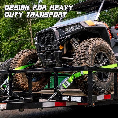 أحزمة عجلات ممتازة (4 قطع) - قوة كسر قصوى مضمونة 10.000 رطل - سقاطة 2 بوصة مع خطاف مرساة سلسلة G70 وحزام لاسو 2 بوصة × 8 قدم، أشرطة ربط مثالية للسيارة للشاحنات والسيارات وUTV (أخضر) in Kuwait
