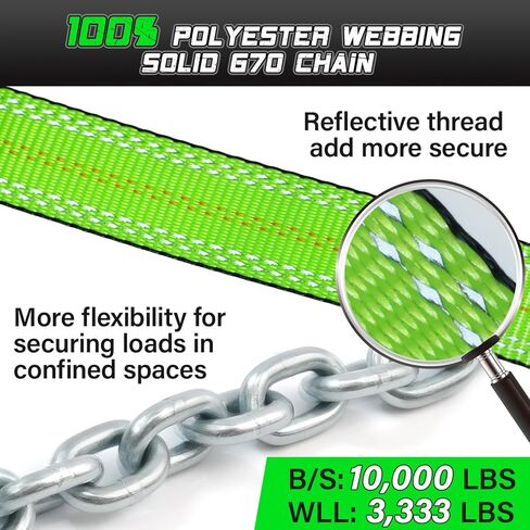 أحزمة عجلات ممتازة (4 قطع) - قوة كسر قصوى مضمونة 10.000 رطل - سقاطة 2 بوصة مع خطاف مرساة سلسلة G70 وحزام لاسو 2 بوصة × 8 قدم، أشرطة ربط مثالية للسيارة للشاحنات والسيارات وUTV (أخضر) in Kuwait