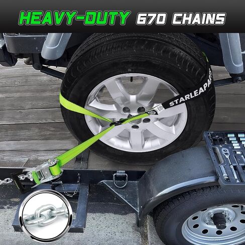 أحزمة عجلات ممتازة (4 قطع) - قوة كسر قصوى مضمونة 10.000 رطل - سقاطة 2 بوصة مع خطاف مرساة سلسلة G70 وحزام لاسو 2 بوصة × 8 قدم، أشرطة ربط مثالية للسيارة للشاحنات والسيارات وUTV (أخضر) in Kuwait