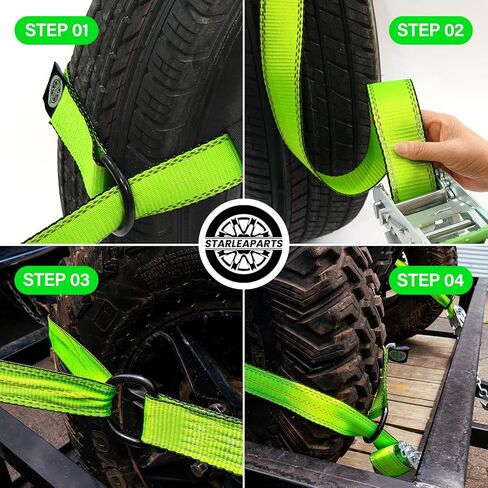 أحزمة عجلات ممتازة (4 قطع) - قوة كسر قصوى مضمونة 10.000 رطل - سقاطة 2 بوصة مع خطاف مرساة سلسلة G70 وحزام لاسو 2 بوصة × 8 قدم، أشرطة ربط مثالية للسيارة للشاحنات والسيارات وUTV (أخضر) in Kuwait