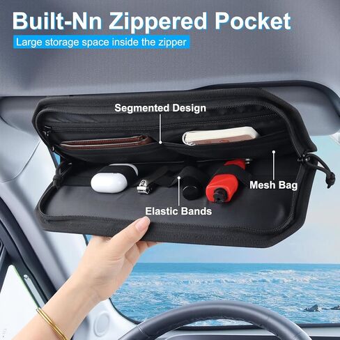 Car Sun Visor Organizer with American Flag, Multi-Pocket Car Visor Storage Pouch with Glasses Clip, Elastic Bands & Zippers, Visor Accessories Fits Most Vehicles, SUVs, Trucks, Red in Saudi Arabia
