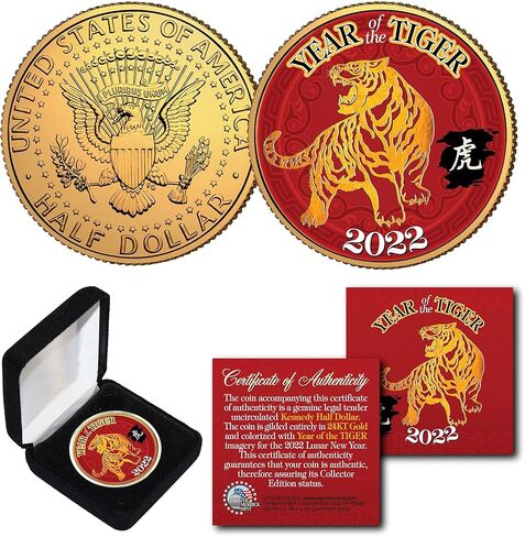 2022 Chinese New Year of The Tiger 24K Gold Plated JFK Half Dollar Coin with Box in Saudi Arabia