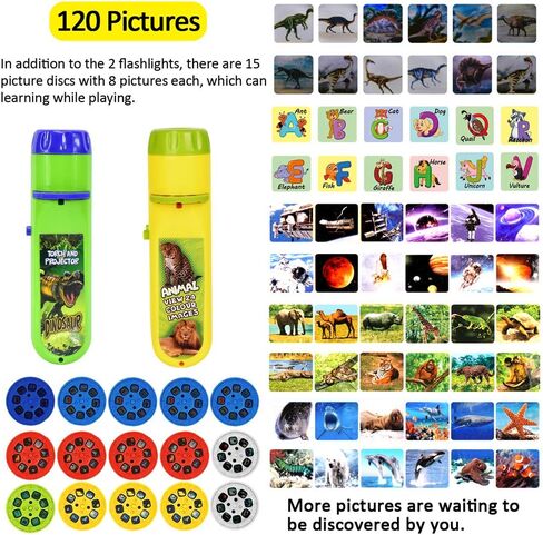 Yeelan 2PCS Projector Torch Projection Light Torches lamp Flashlight Dinosaur, Sea Animals, Space, Animal, 26 Letter Educational Learning Bedtime Night Light for Child,Kids (120 Images, 5 Themes) in Kuwait