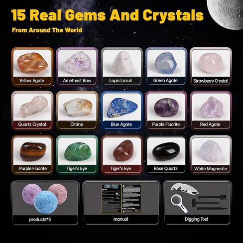 Gemstones Dig Kit, Science Kit for Kids, Dig up 15 Real Gems & Explore Solar System, STEM Educational Mining Space Toys, Archaeology Geology Science Experiments Gift for Boys&Girls Age 6-8-12 in Saudi Arabia