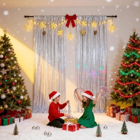 Silver Sequin Backdrop 2 Panels 2FTx8FT Christmas Party Backdrop Curtains | Glitter Photo Background for Wedding Baby Shower Event Birthday Stage Decorations，Sparkly 3MM sequins with 4 inch rod pockets in Saudi Arabia