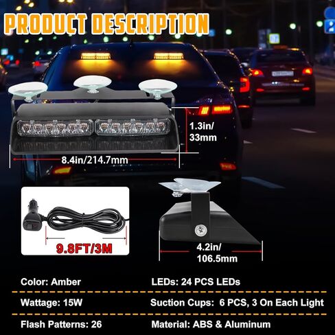 Amber LED Warning Dash Windshield Strobe Lights, 26 Modes 12/24V 2 x 8.4" Emergency Traffic Advisor 2 x 8.4 Inch Car Front/Rear Dash Windshield Strobe for Trucks Vehicles Snow Plow in Saudi Arabia