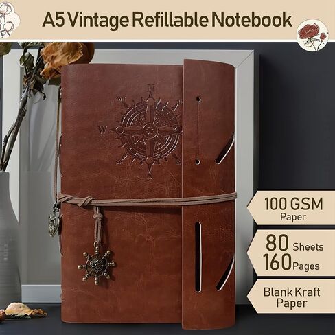 PU Leather Journal Notebook, Refillable Vintage Journal Travel Diary with Kraft Paper, A5 Journaling Notebook for Women Men Teens, 100GSM Unlined Paper, 160 Pages(Brown, 9.2" x 6.5") in Saudi Arabia