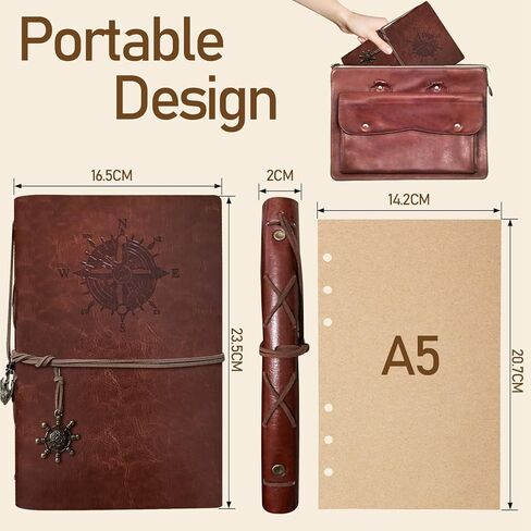 PU Leather Journal Notebook, Refillable Vintage Journal Travel Diary with Kraft Paper, A5 Journaling Notebook for Women Men Teens, 100GSM Unlined Paper, 160 Pages(Brown, 9.2" x 6.5") in Saudi Arabia