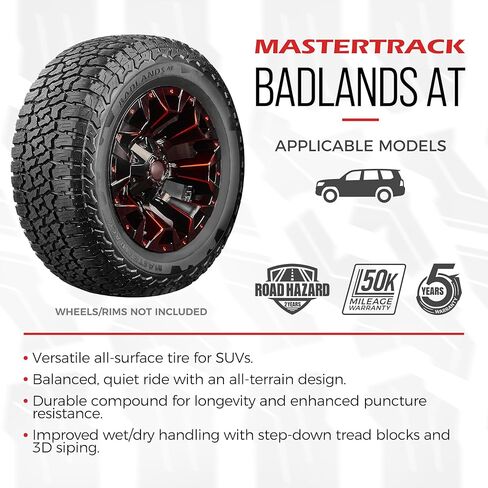 حزمة من 4 قطع: إطار Mastertrack BADLANDS AT P285/70R17 لجميع التضاريس لسيارات الدفع الرباعي (ليس للشاحنات) | 4 طبقات | 117ت | يتضمن ضمانًا لمدة عامين ضد مخاطر الطريق - 285/70/17 (الإطارات فقط) in Kuwait