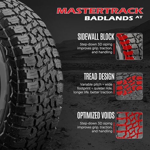 حزمة من 4 قطع: إطار Mastertrack BADLANDS AT P285/70R17 لجميع التضاريس لسيارات الدفع الرباعي (ليس للشاحنات) | 4 طبقات | 117ت | يتضمن ضمانًا لمدة عامين ضد مخاطر الطريق - 285/70/17 (الإطارات فقط) in Kuwait
