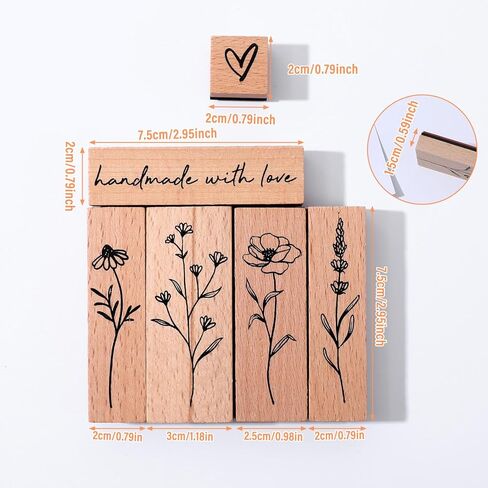 6Pcs Vintage Wood Rubber Stamps for Crafting, Plant & Flower Retro Decorative Mounted Wooden Rubber Stamp Set for DIY Art Craft Journaling Scrapbooking in Saudi Arabia