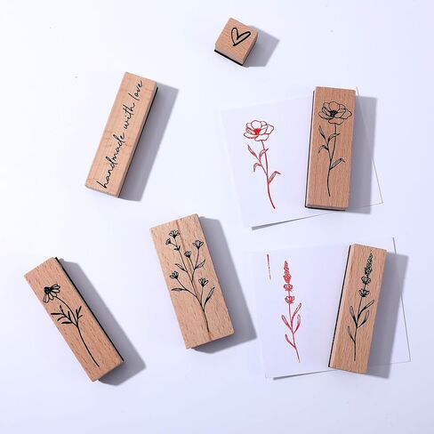 6Pcs Vintage Wood Rubber Stamps for Crafting, Plant & Flower Retro Decorative Mounted Wooden Rubber Stamp Set for DIY Art Craft Journaling Scrapbooking in Saudi Arabia