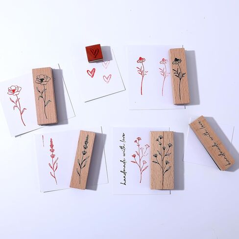 6Pcs Vintage Wood Rubber Stamps for Crafting, Plant & Flower Retro Decorative Mounted Wooden Rubber Stamp Set for DIY Art Craft Journaling Scrapbooking in Saudi Arabia