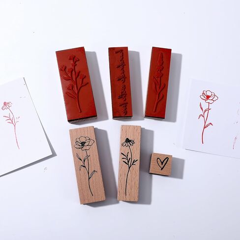 6Pcs Vintage Wood Rubber Stamps for Crafting, Plant & Flower Retro Decorative Mounted Wooden Rubber Stamp Set for DIY Art Craft Journaling Scrapbooking in Saudi Arabia