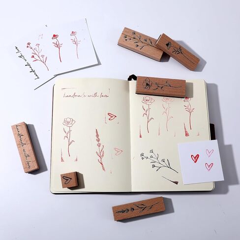 6Pcs Vintage Wood Rubber Stamps for Crafting, Plant & Flower Retro Decorative Mounted Wooden Rubber Stamp Set for DIY Art Craft Journaling Scrapbooking in Saudi Arabia