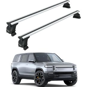 قضبان متقاطعة لحامل السقف لـ Rivian R1S (2022–Up) - تناسب نقاط التثبيت في المصنع، سعة 330 رطلاً، قضبان فتحة T من الألومنيوم، قابلة للقفل، تركيب عالي التحمل بدون مثقاب (أسود) in Kuwait