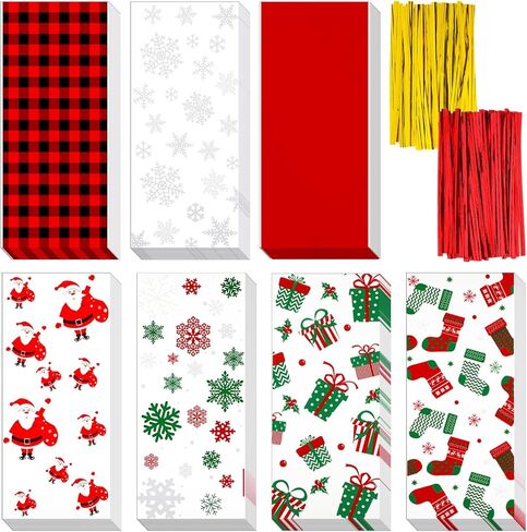 Outus 105 Pieces Christmas Cellophane Bags with 200 Pieces Twist Ties 7 Styles Christmas Treat Cookie Candy Bags for Xmas Holidays Party Favor Supplies in Saudi Arabia