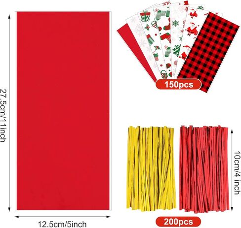 Outus 105 Pieces Christmas Cellophane Bags with 200 Pieces Twist Ties 7 Styles Christmas Treat Cookie Candy Bags for Xmas Holidays Party Favor Supplies in Saudi Arabia