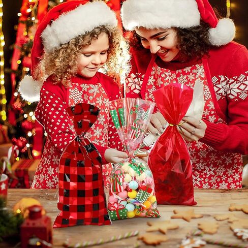 Outus 105 Pieces Christmas Cellophane Bags with 200 Pieces Twist Ties 7 Styles Christmas Treat Cookie Candy Bags for Xmas Holidays Party Favor Supplies in Saudi Arabia